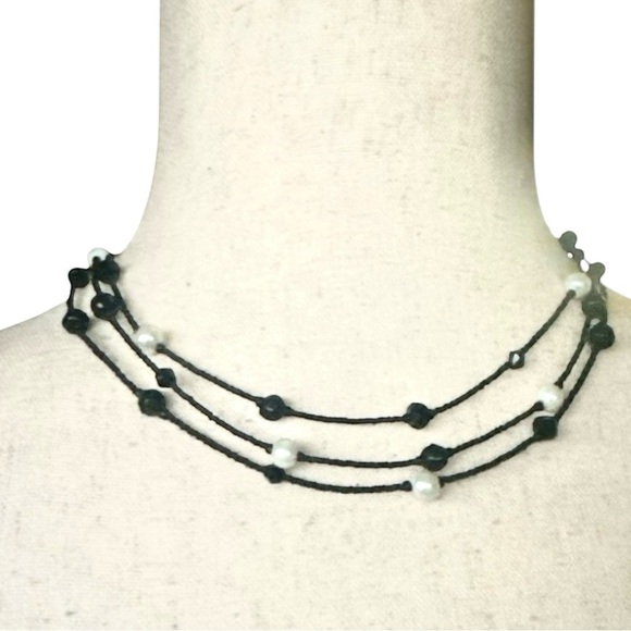 Black Thread & Pearl Beaded Multi-Strand Choker Necklace | Boho Minimalist - Picture 1 of 2